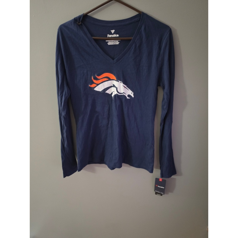 Fanatics Denver Broncos Womens Navy Blue Long Sleeve V-Neck T-Shirt NWT Size L